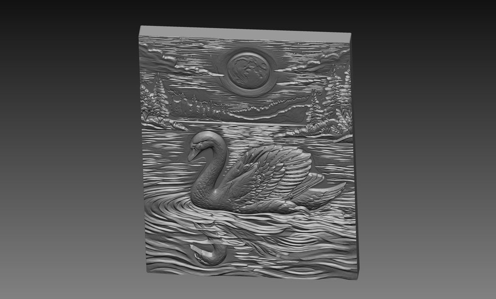 Swan Full Moon Lake 3D Relief STL File, Wildlife CNC Carving Digital Download