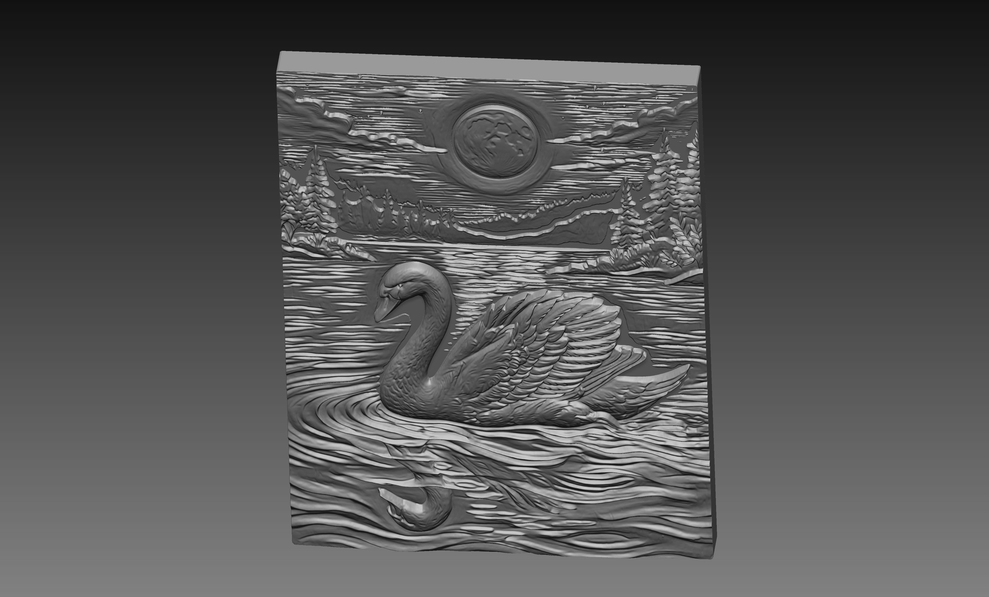Swan Full Moon Lake 3D Relief STL File, Wildlife CNC Carving Digital Download