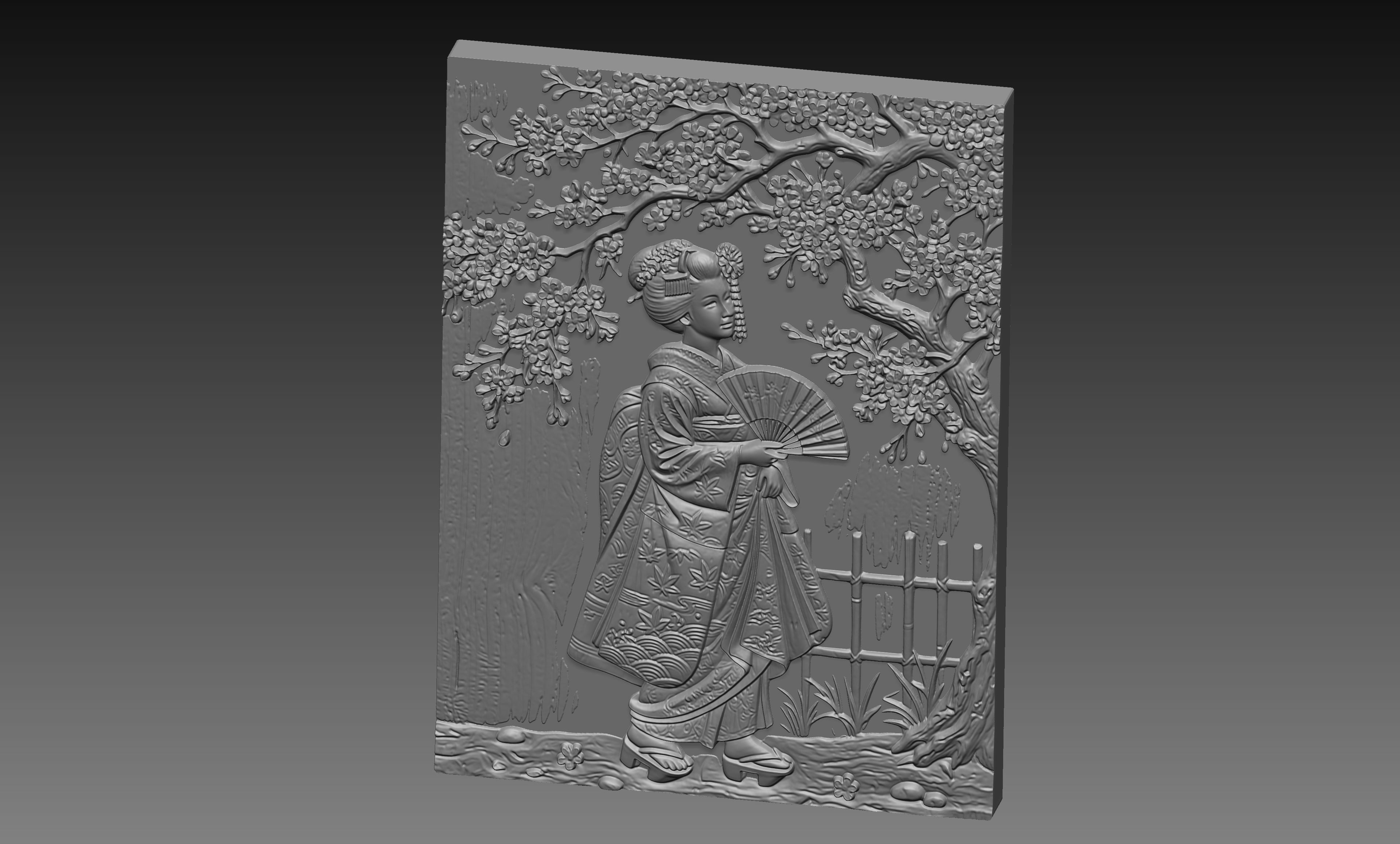Japanese Geisha Cherry Blossom 3D Relief STL File, Asian CNC Carving Digital Download