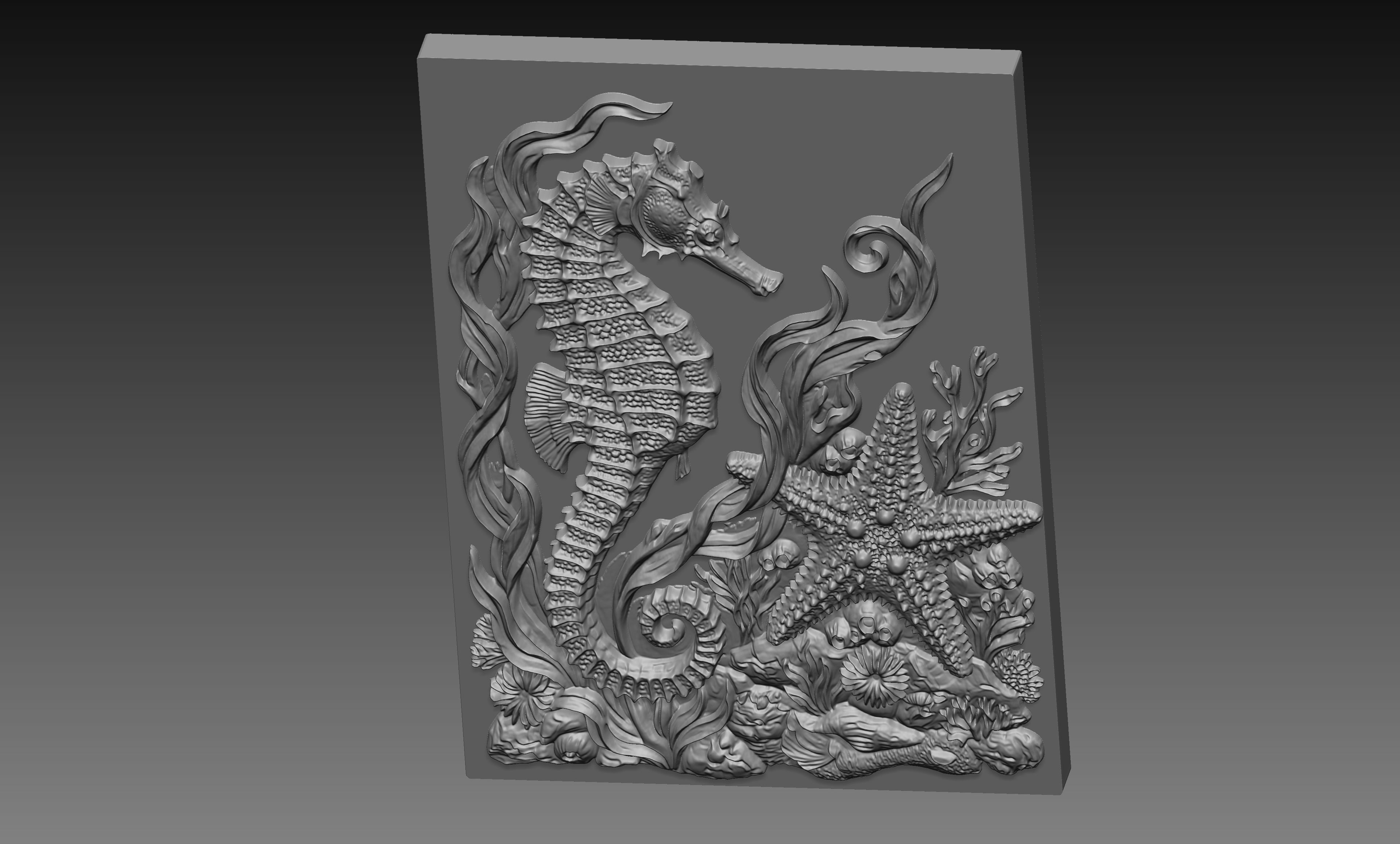 Seahorse Starfish Coral 3D Relief STL File, Nautical CNC Carving Digital Download