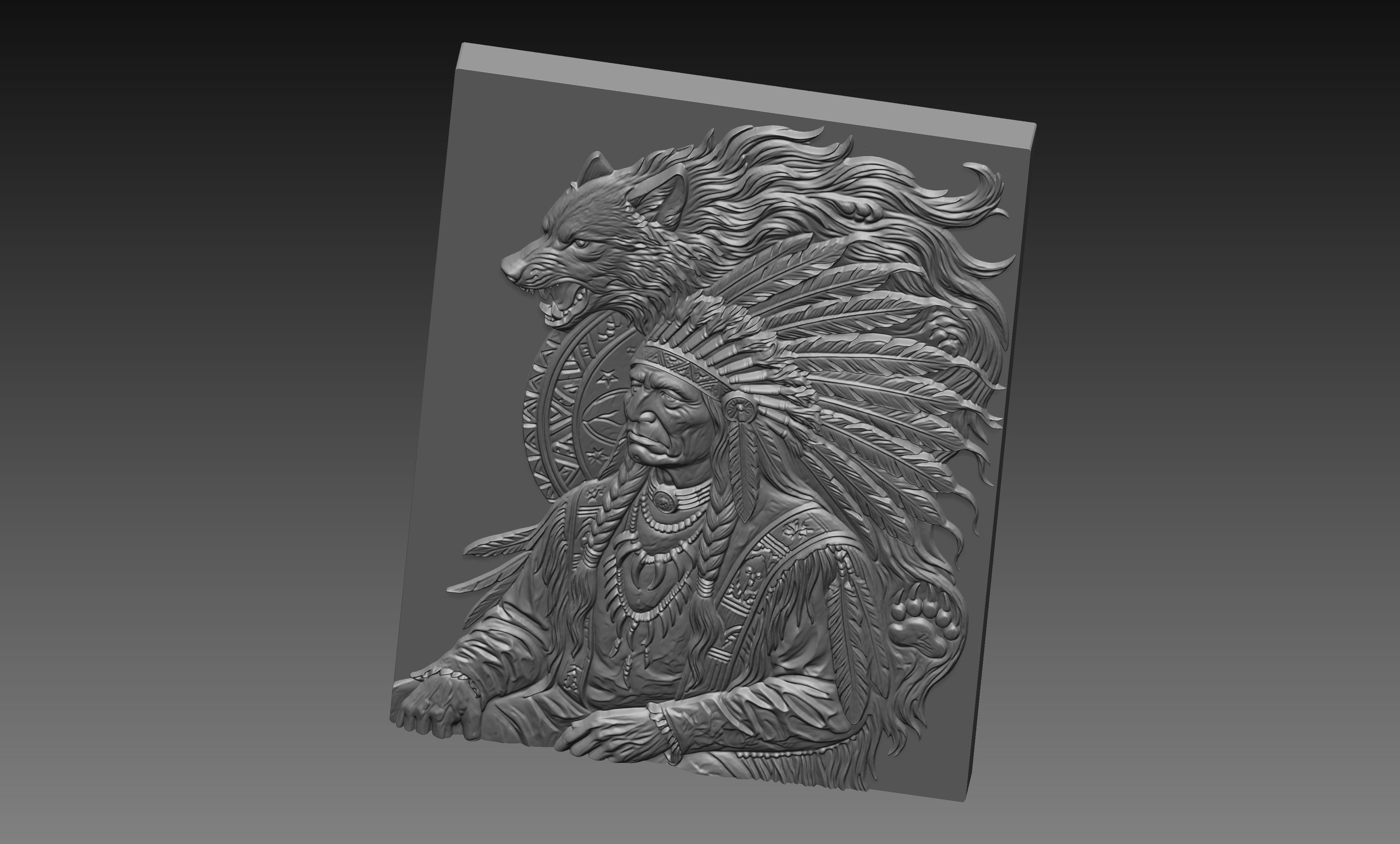 Native American Chief Wolf Spirit 3D Relief STL File, Wildlife CNC Carving Digital Download