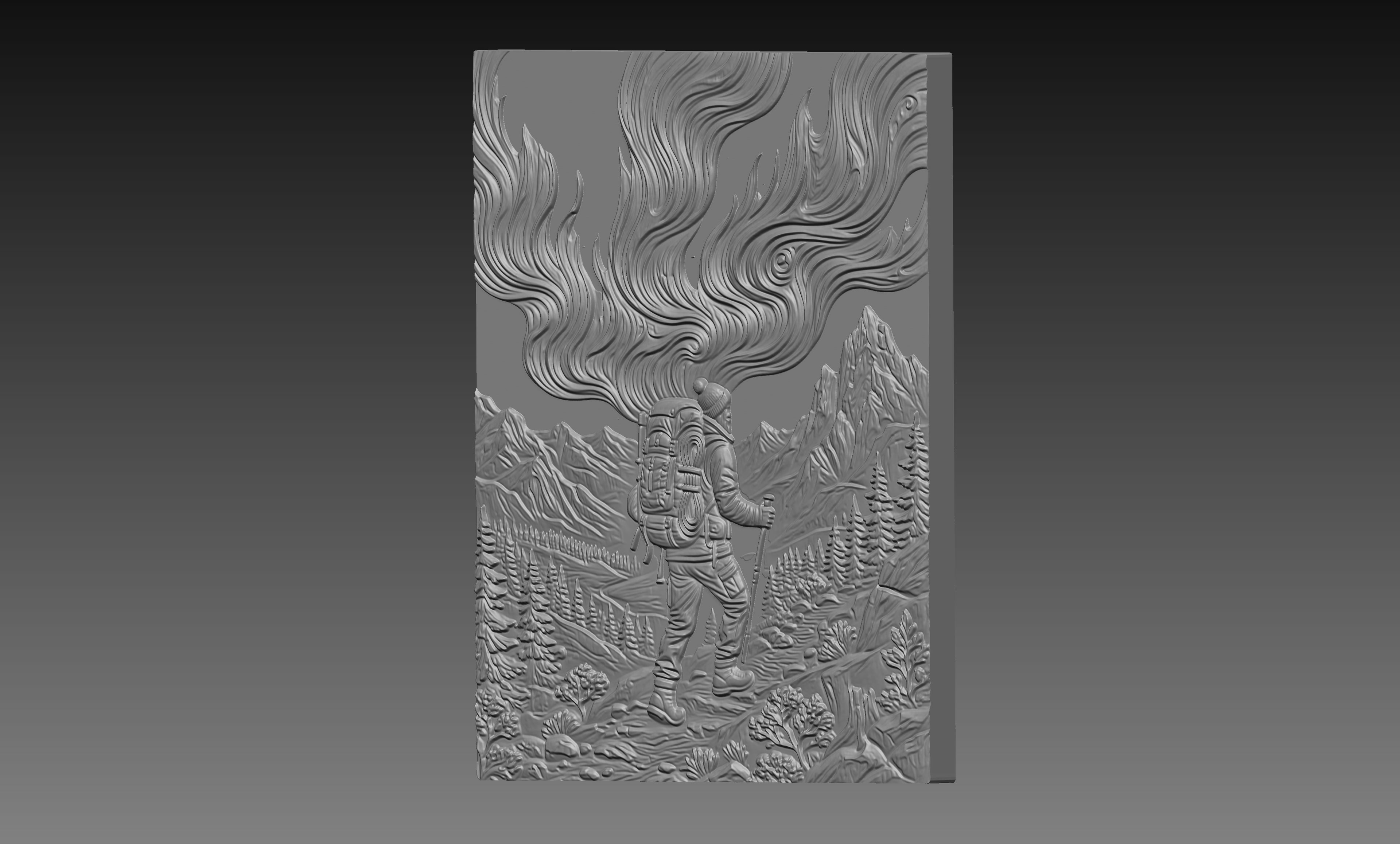 Winter Mountain Hiker Northern Lights 3D Relief STL File, Outdoor CNC Carving Digital Download