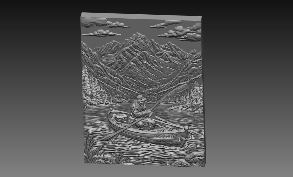 Fisherman Row Boat Lake 3D Relief STL File, Mountain CNC Carving Digital Download