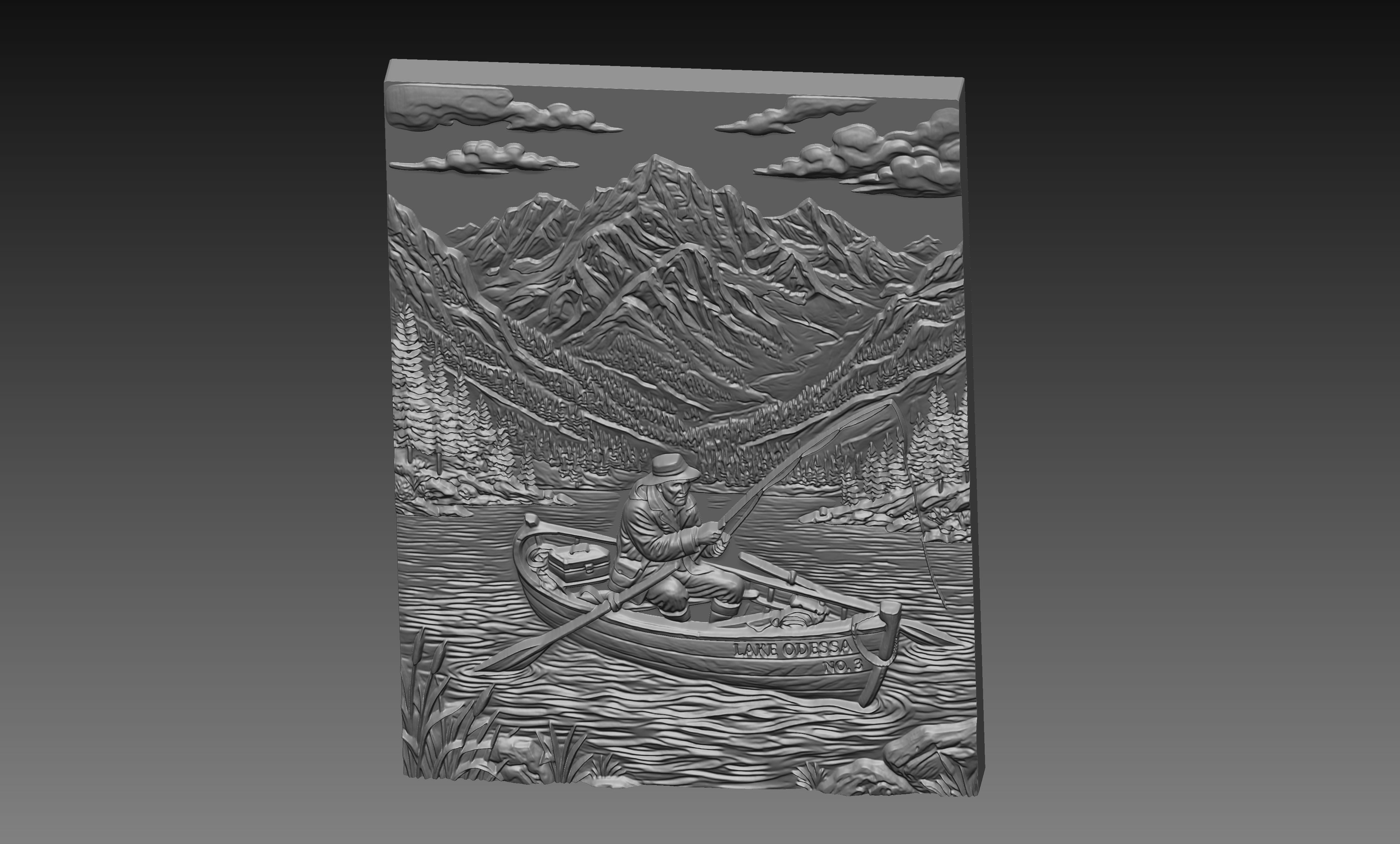 Fisherman Row Boat Lake 3D Relief STL File, Mountain CNC Carving Digital Download