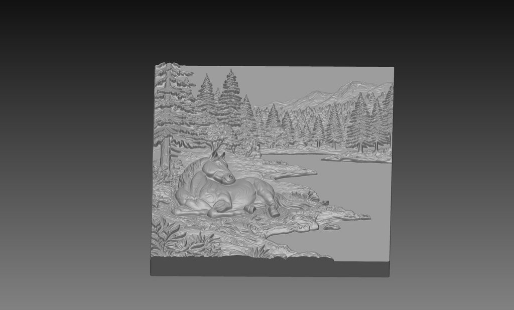Wild Horse Woodland River 3D Relief STL File, Nature CNC Carving Digital Download