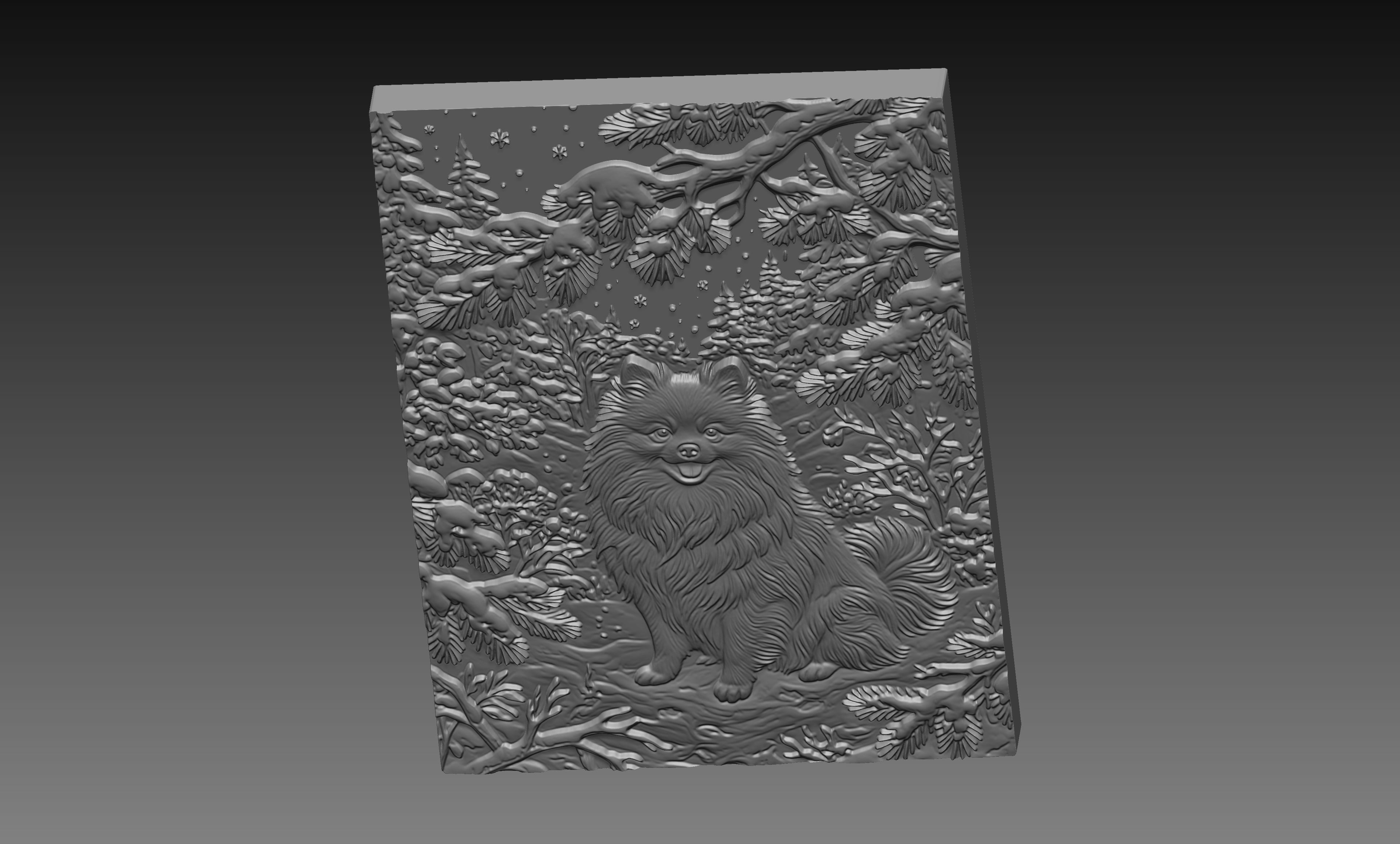 Pomeranian Winter Woodland 3D Relief STL File, Dog CNC Carving Digital Download