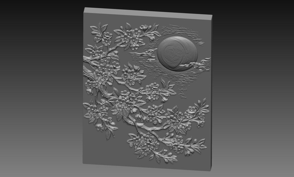Sakura Full Moon 3D Relief STL File, Japanese CNC Carving Digital Download