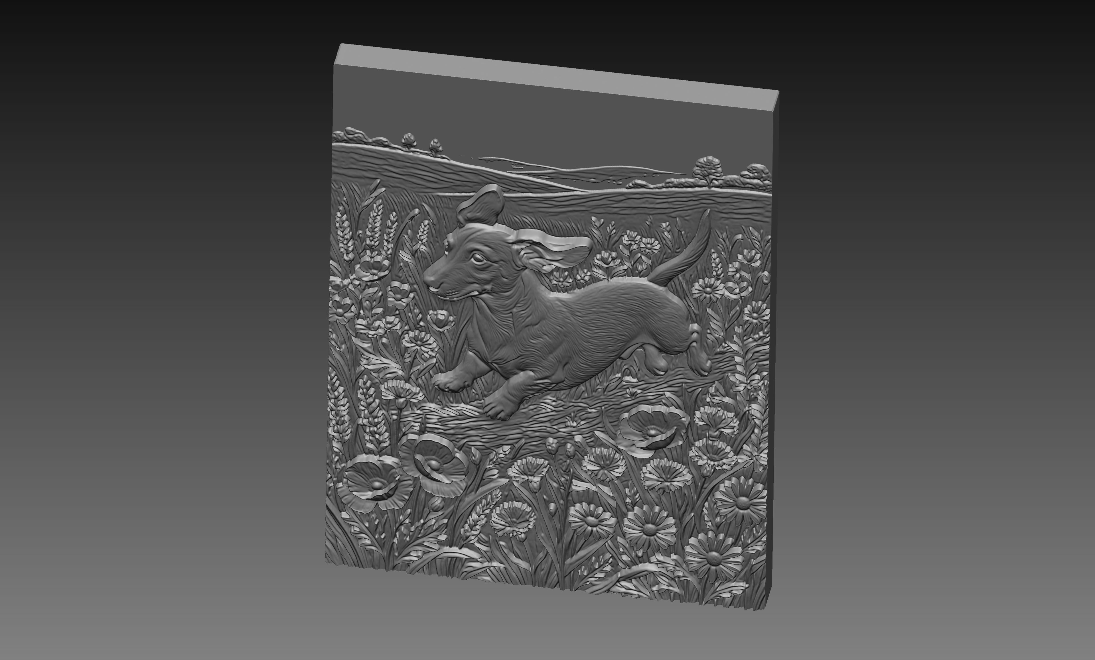 Dachshund Wildflower Meadow 3D Relief STL File, Dog CNC Carving Digital Download