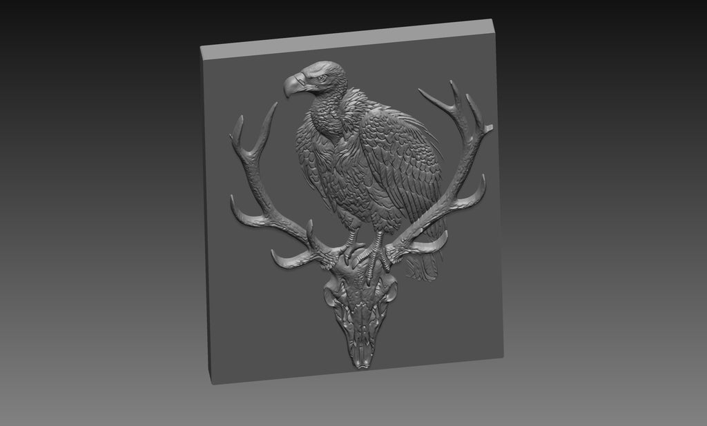 Vulture Deer Skull 3D Relief STL File, Bird of prey Wildlife CNC Carving Digital Download