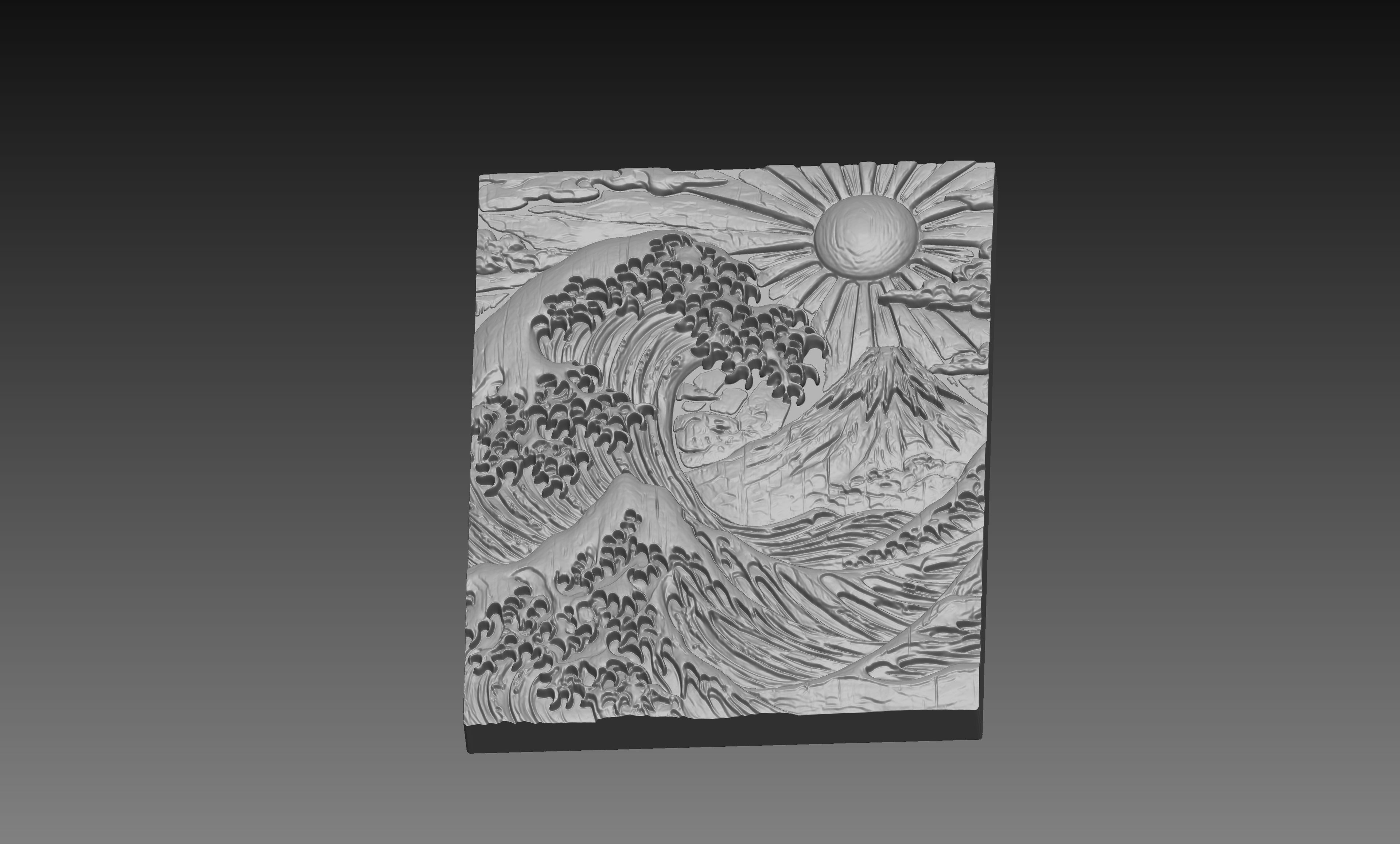 Japanese Great Wave Mount Fuji 3D Relief STL File, Asian Rising Sun CNC Carving Digital Download