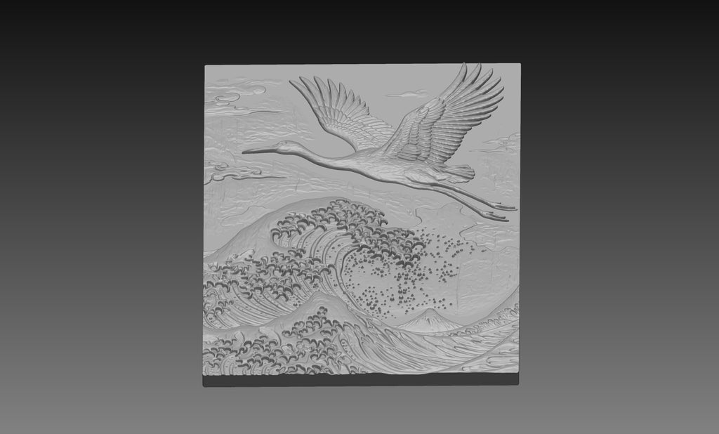 Japanese Great Wave Crane 3D Relief STL File, Asian CNC Carving Digital Download