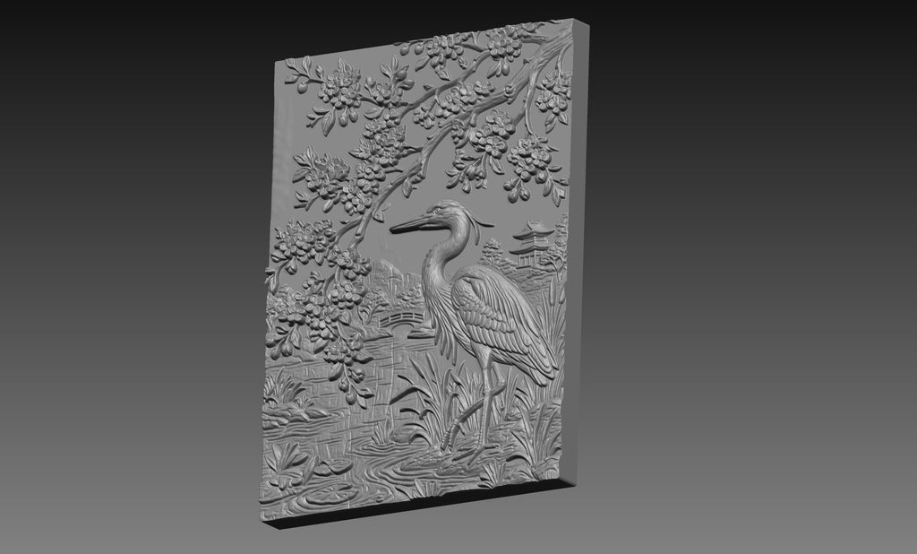 Japanese Crane Sakura 3D Relief STL File, Bird CNC Carving Digital Download