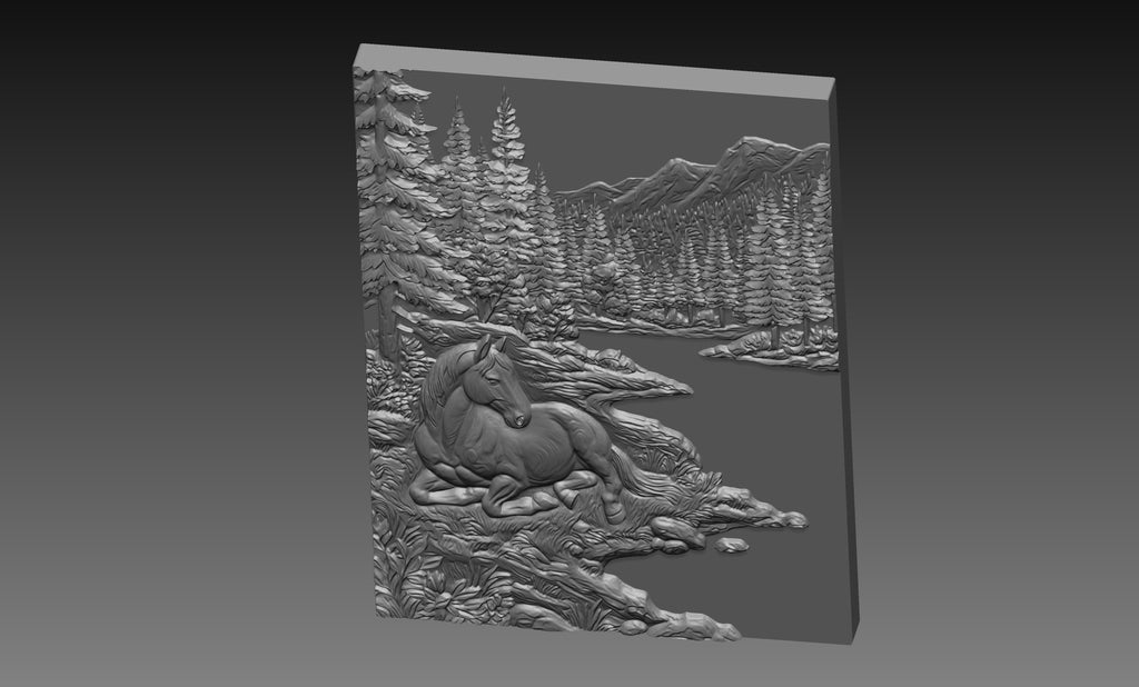 Wild Horse Woodland River 3D Relief STL File, Nature CNC Carving Digital Download
