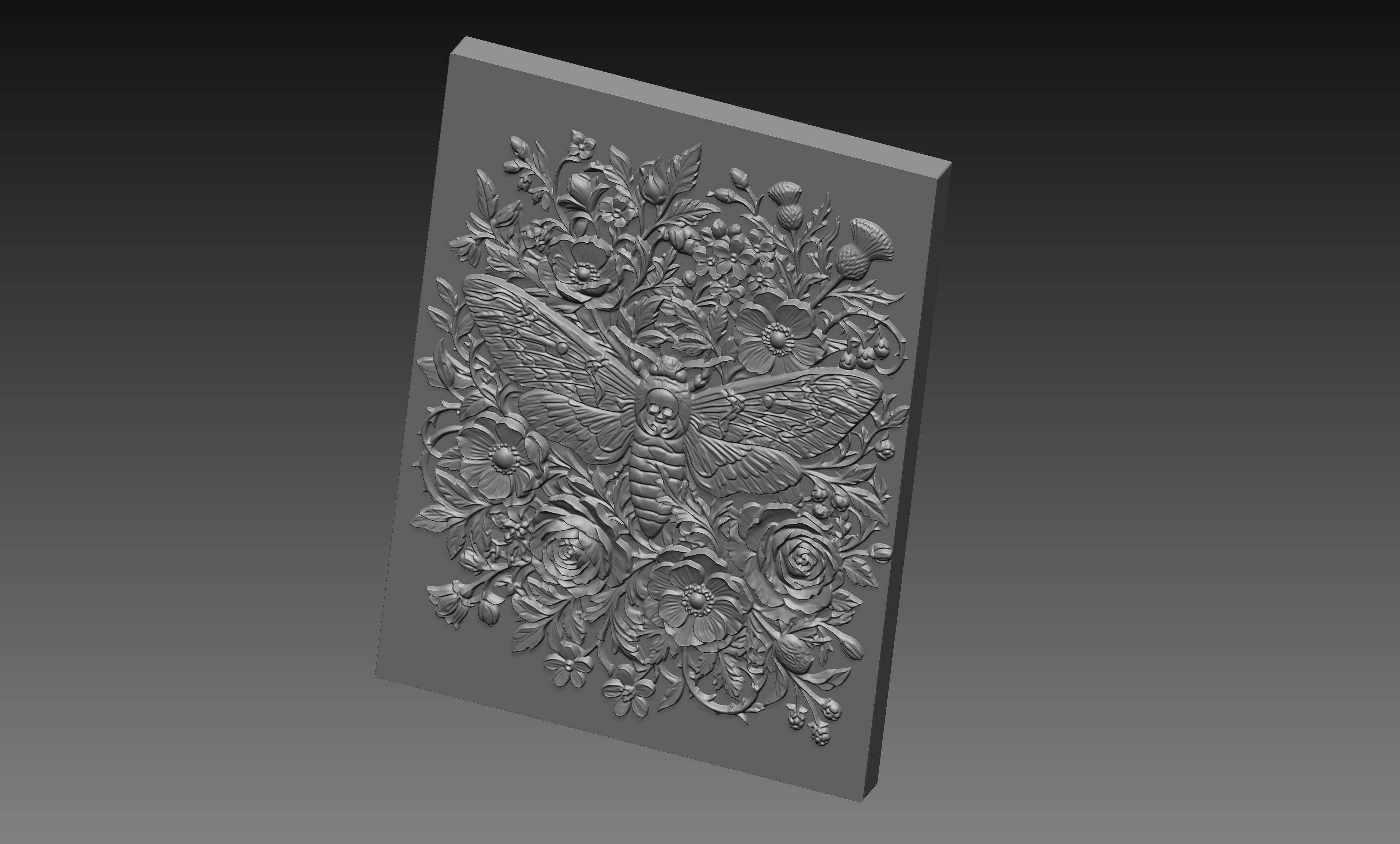 Death Moth Flowers 3D Relief STL File, Gothic CNC Carving Digital Download