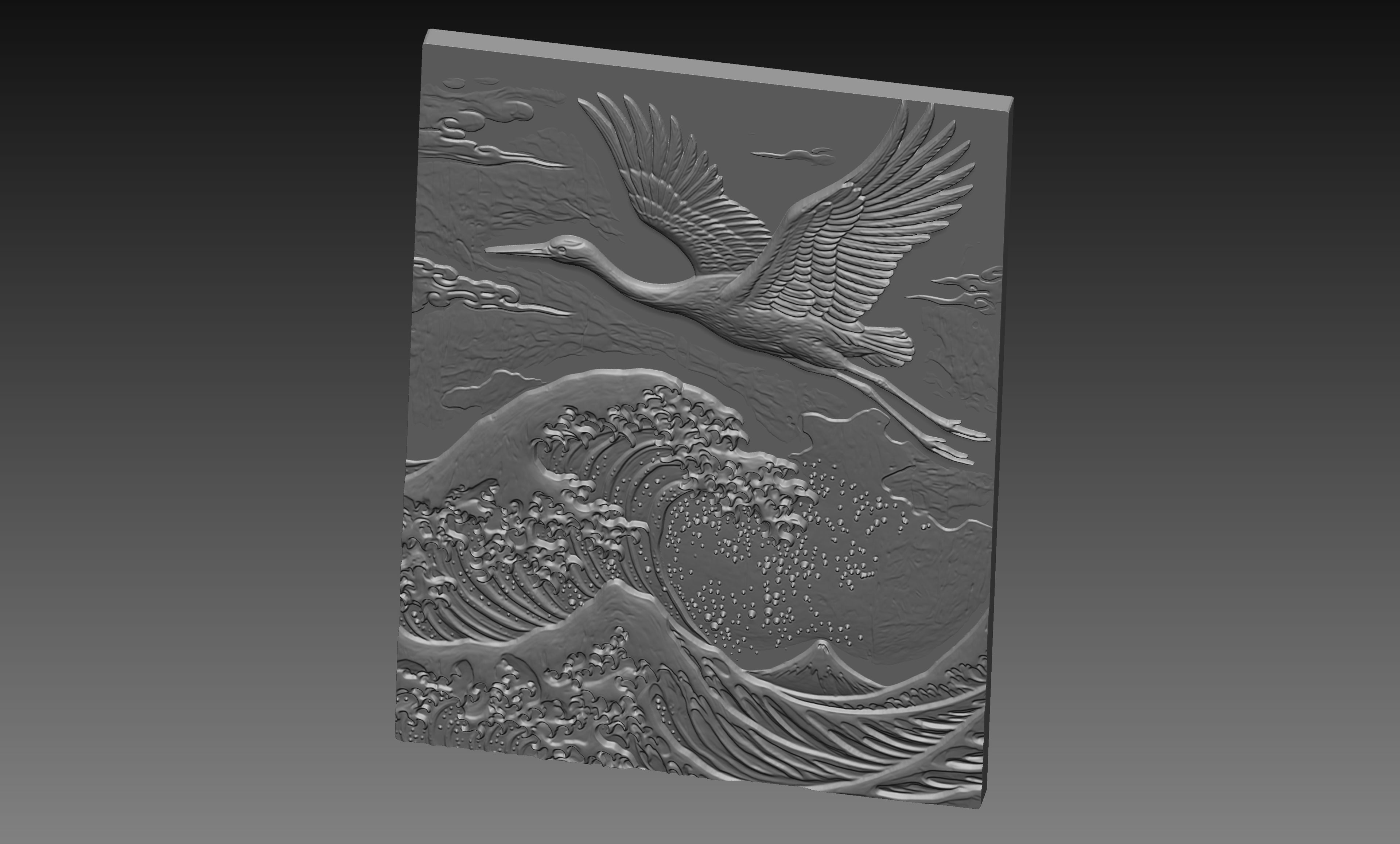 Japanese Great Wave Crane 3D Relief STL File, Asian CNC Carving Digital Download