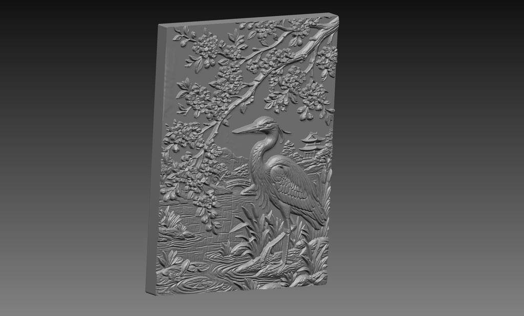 Japanese Crane Sakura 3D Relief STL File, Bird CNC Carving Digital Download