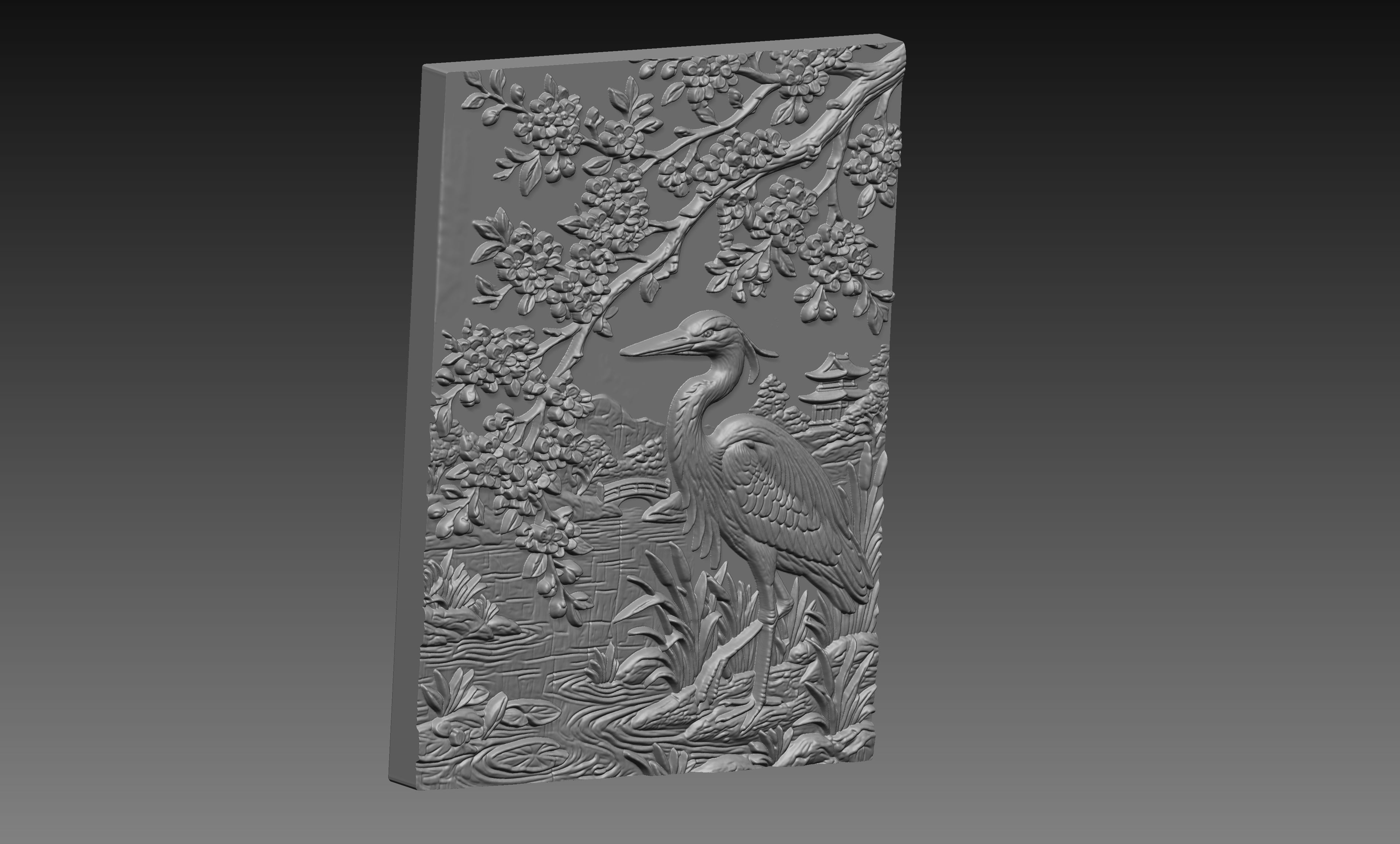Japanese Crane Sakura 3D Relief STL File, Bird CNC Carving Digital Download