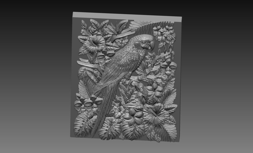 Parrot Tropical Flowers 3D Relief STL File, Exotic CNC Carving Digital Download