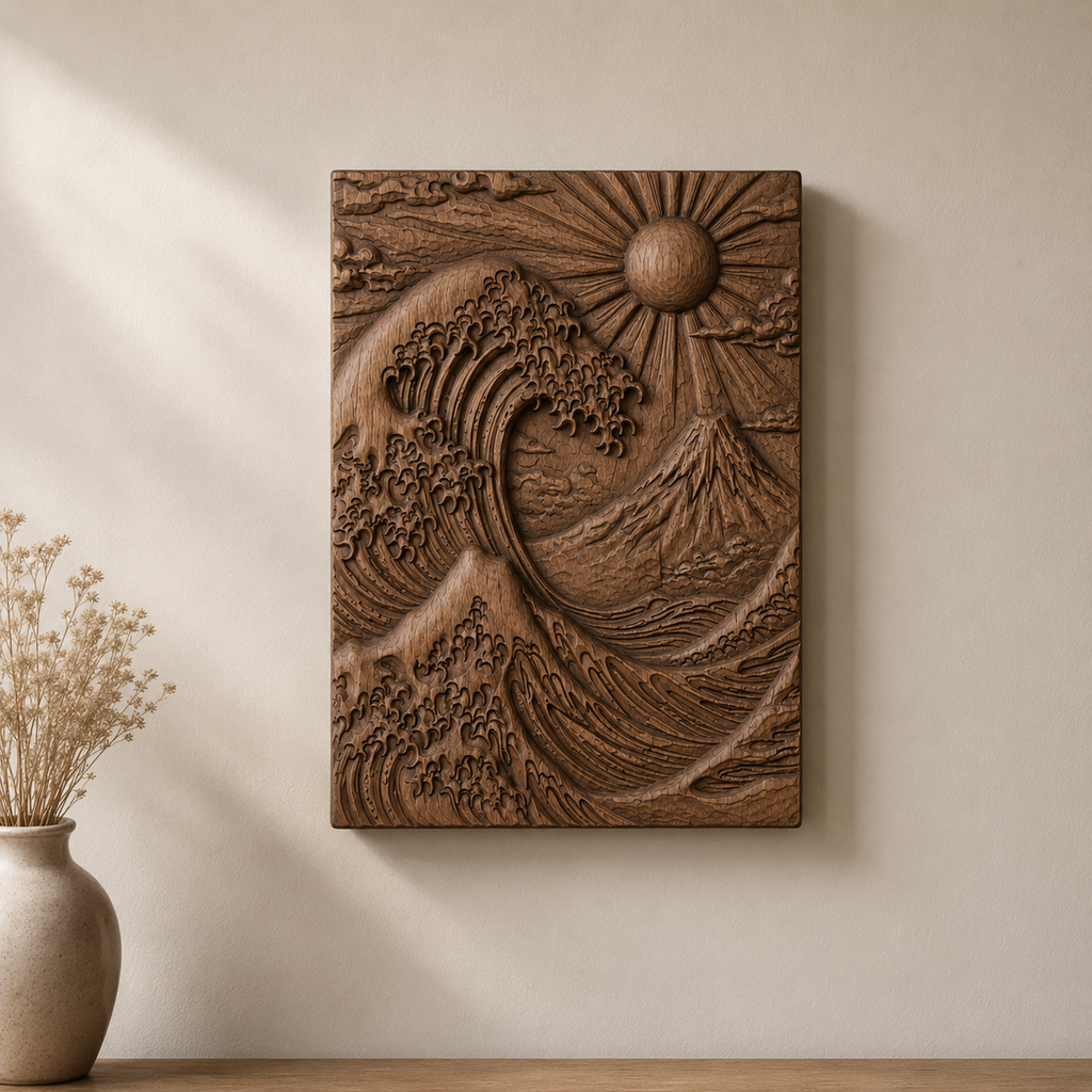 Japanese Great Wave Mount Fuji 3D Relief STL File, Asian Rising Sun CNC Carving Digital Download