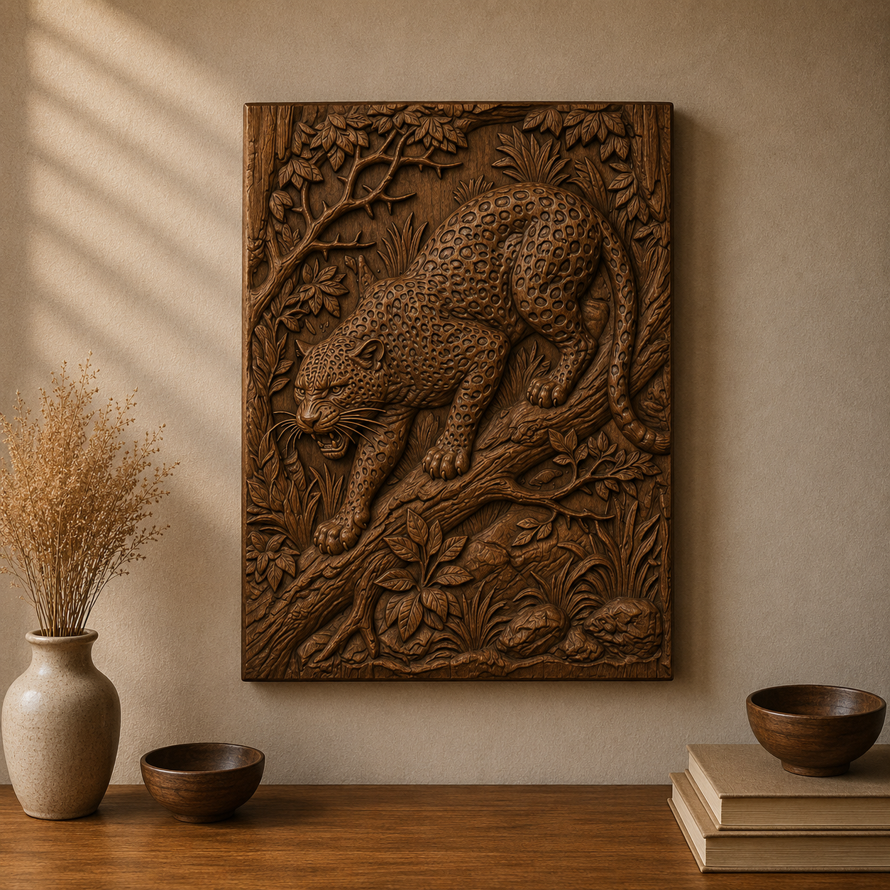 Leopard Pouncing 3D Relief STL File, Jungle Wildlife CNC Carving Model, Big Cat Wall Art Panel, Safari Decor, Router Engraving 3D Print