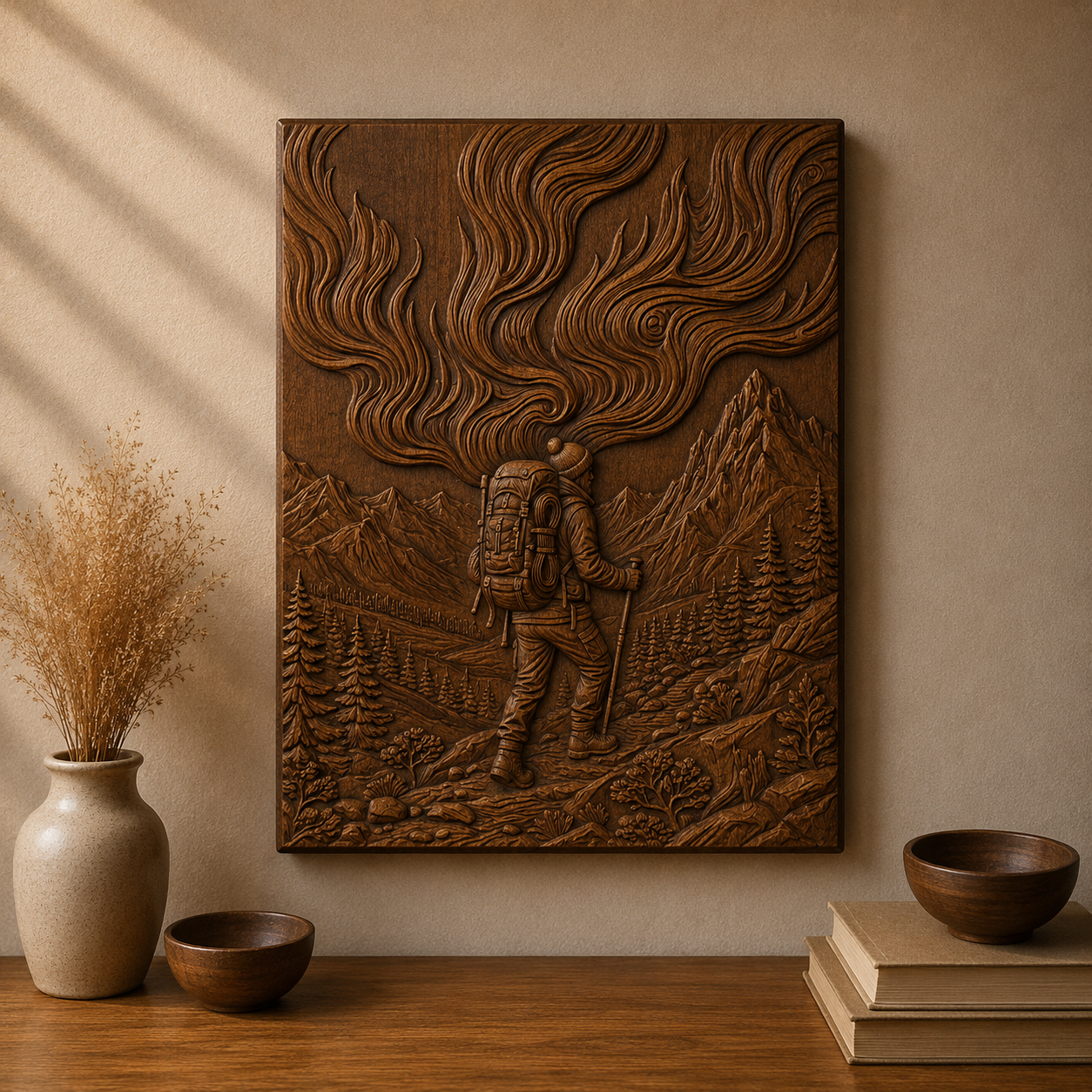 Winter Mountain Hiker Northern Lights 3D Relief STL File, Outdoor CNC Carving Digital Download