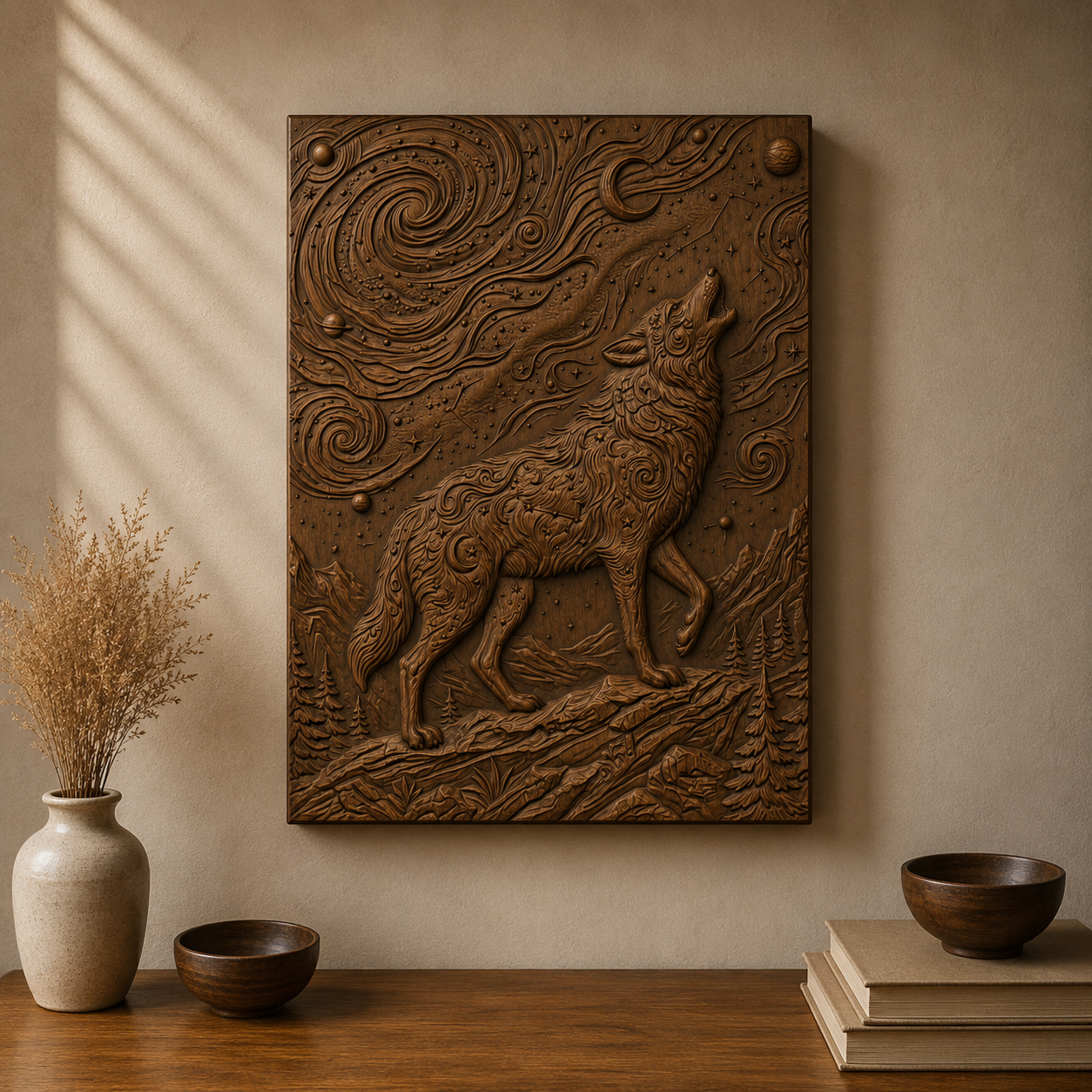 Celestial Wolf Moon Stars 3D Relief STL File, Fantasy CNC Carving Digital Download