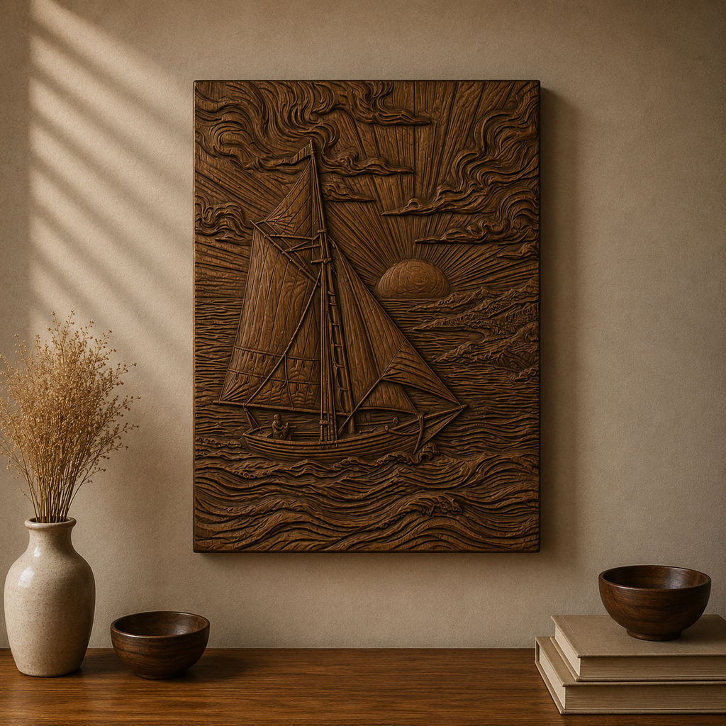 Sailboat Ocean Sunset 3D Relief STL File, Nautical CNC Carving Digital Download