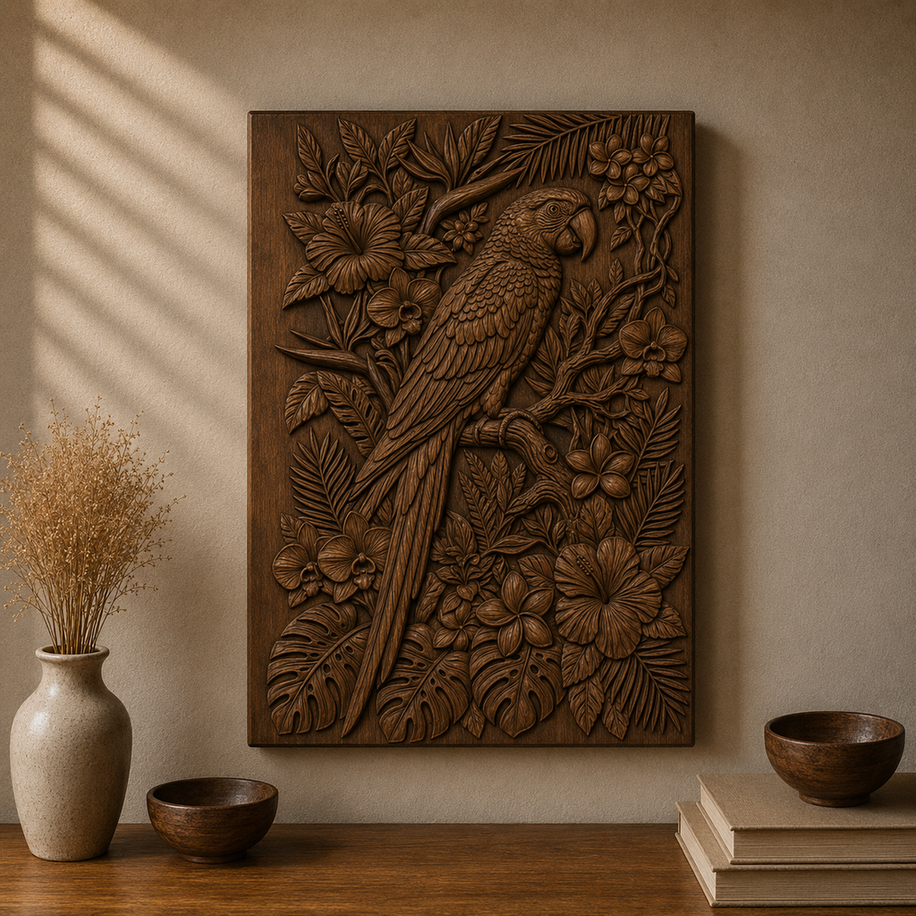 Parrot Tropical Flowers 3D Relief STL File, Exotic CNC Carving Digital Download