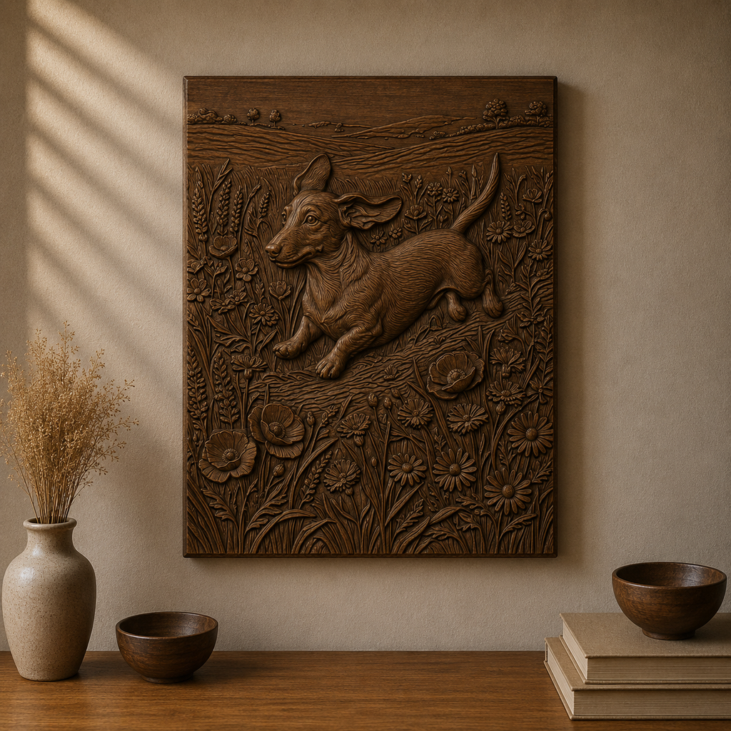 Dachshund Wildflower Meadow 3D Relief STL File, Dog CNC Carving Digital Download