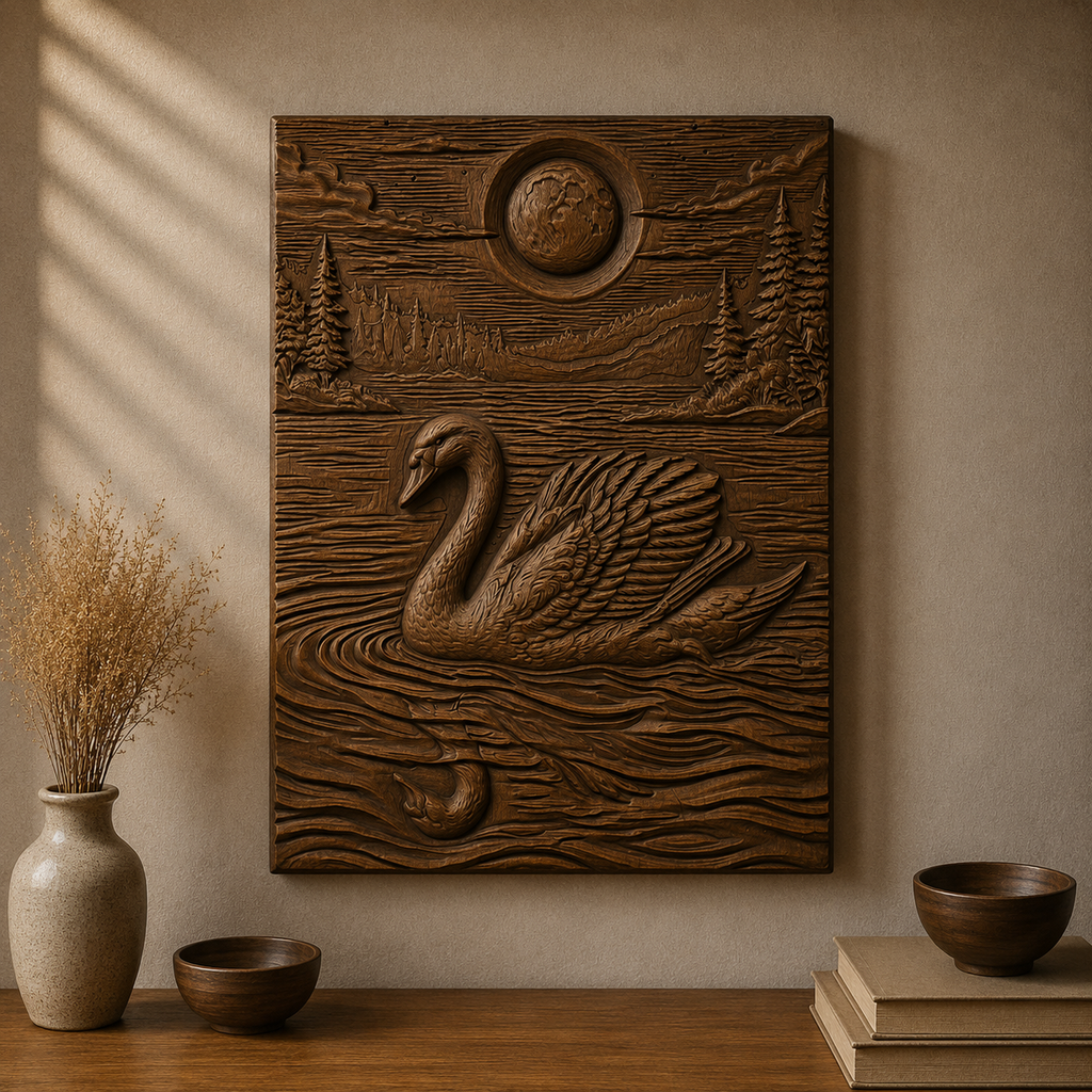 Swan Full Moon Lake 3D Relief STL File, Wildlife CNC Carving Digital Download