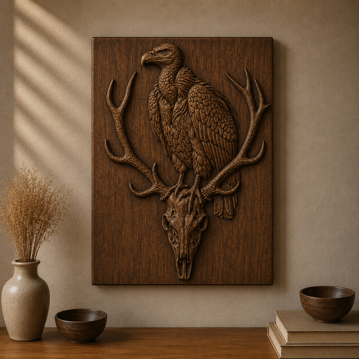 Vulture Deer Skull 3D Relief STL File, Bird of prey Wildlife CNC Carving Digital Download