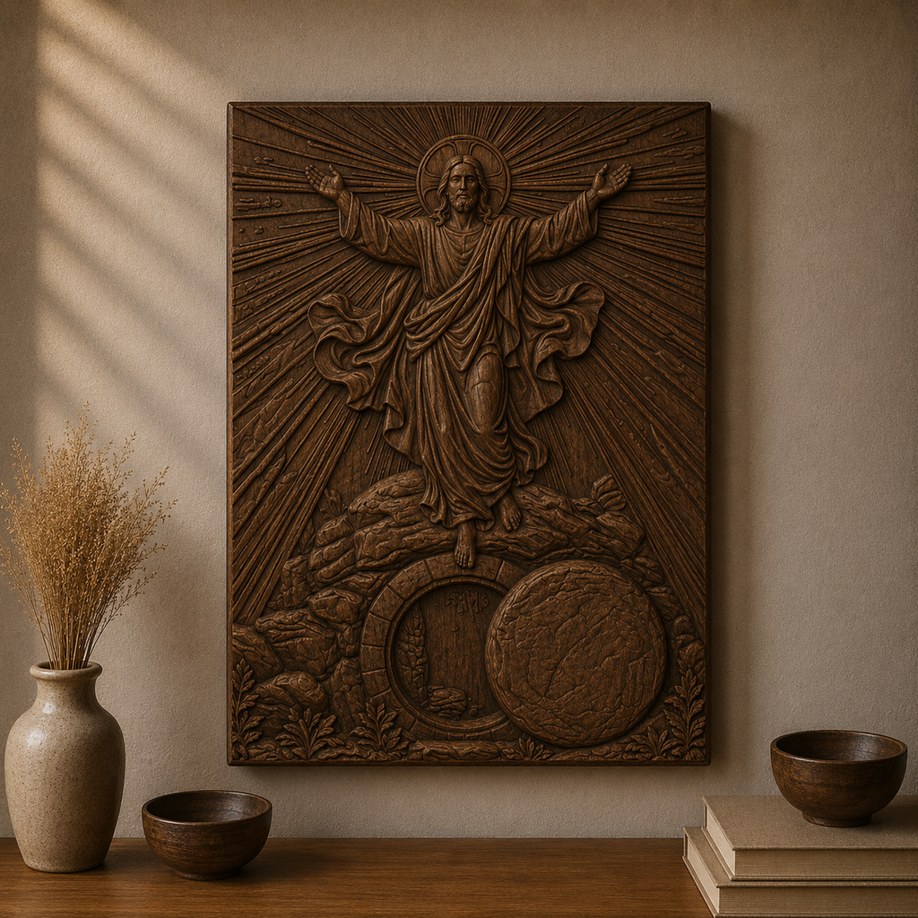 Jesus Rising Tomb 3D Relief STL File, Christian CNC Carving Digital Download