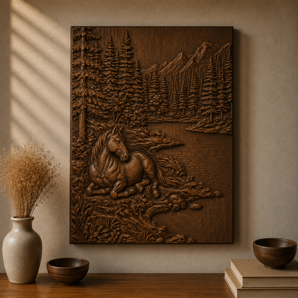Wild Horse Woodland River 3D Relief STL File, Nature CNC Carving Digital Download