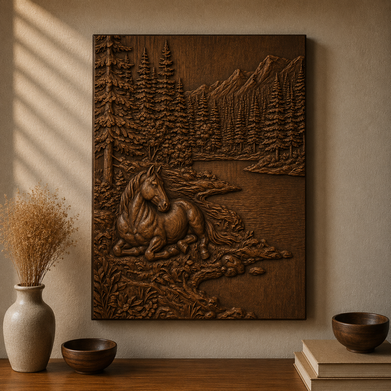 Wild Horse Woodland River 3D Relief STL File, Nature CNC Carving Digital Download