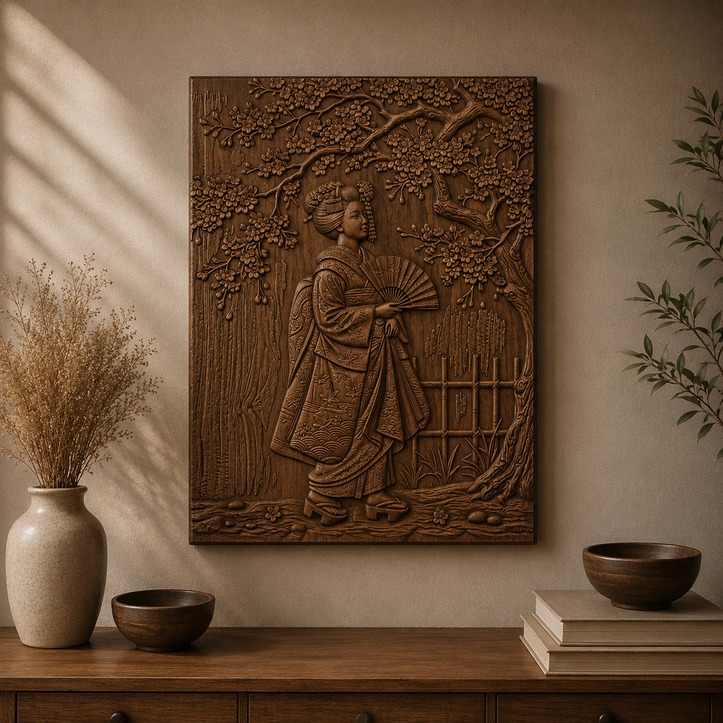 Japanese Geisha Cherry Blossom 3D Relief STL File, Asian CNC Carving Digital Download