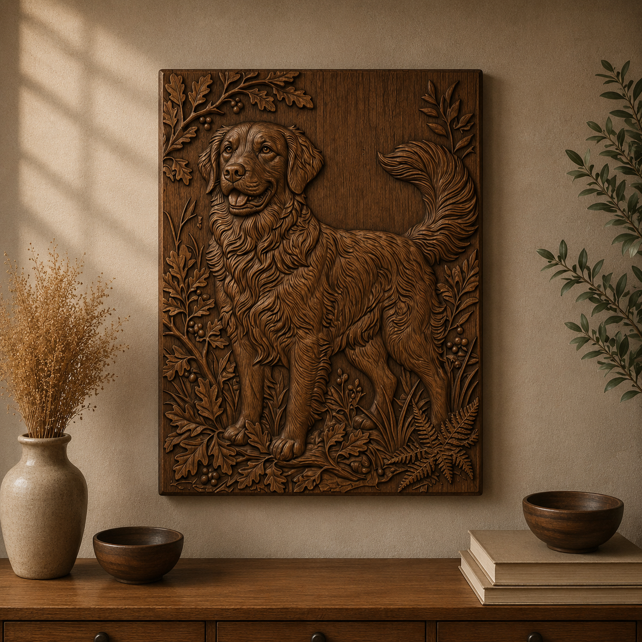 Golden Retriever Forest 3D Relief STL File, Dog CNC Carving Digital Download