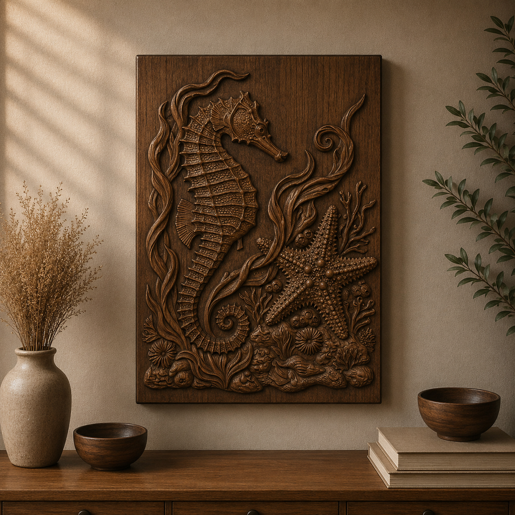 Seahorse Starfish Coral 3D Relief STL File, Nautical CNC Carving Digital Download