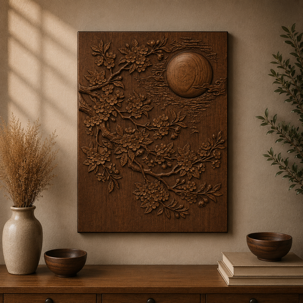 Sakura Full Moon 3D Relief STL File, Japanese CNC Carving Digital Download