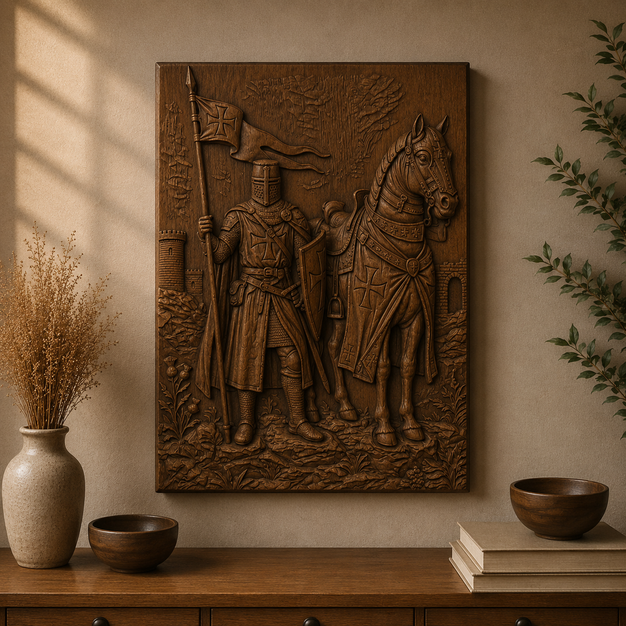 Crusader Knight Horse 3D Relief STL File, Holy Warrior Medieval Christian CNC Carving Digital Download