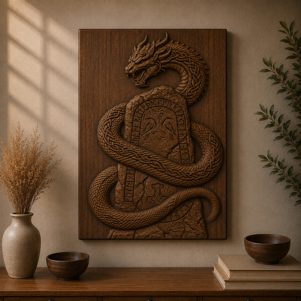 Norse Serpent Rune 3D Relief STL File, Viking Mythology CNC Carving Digital Download