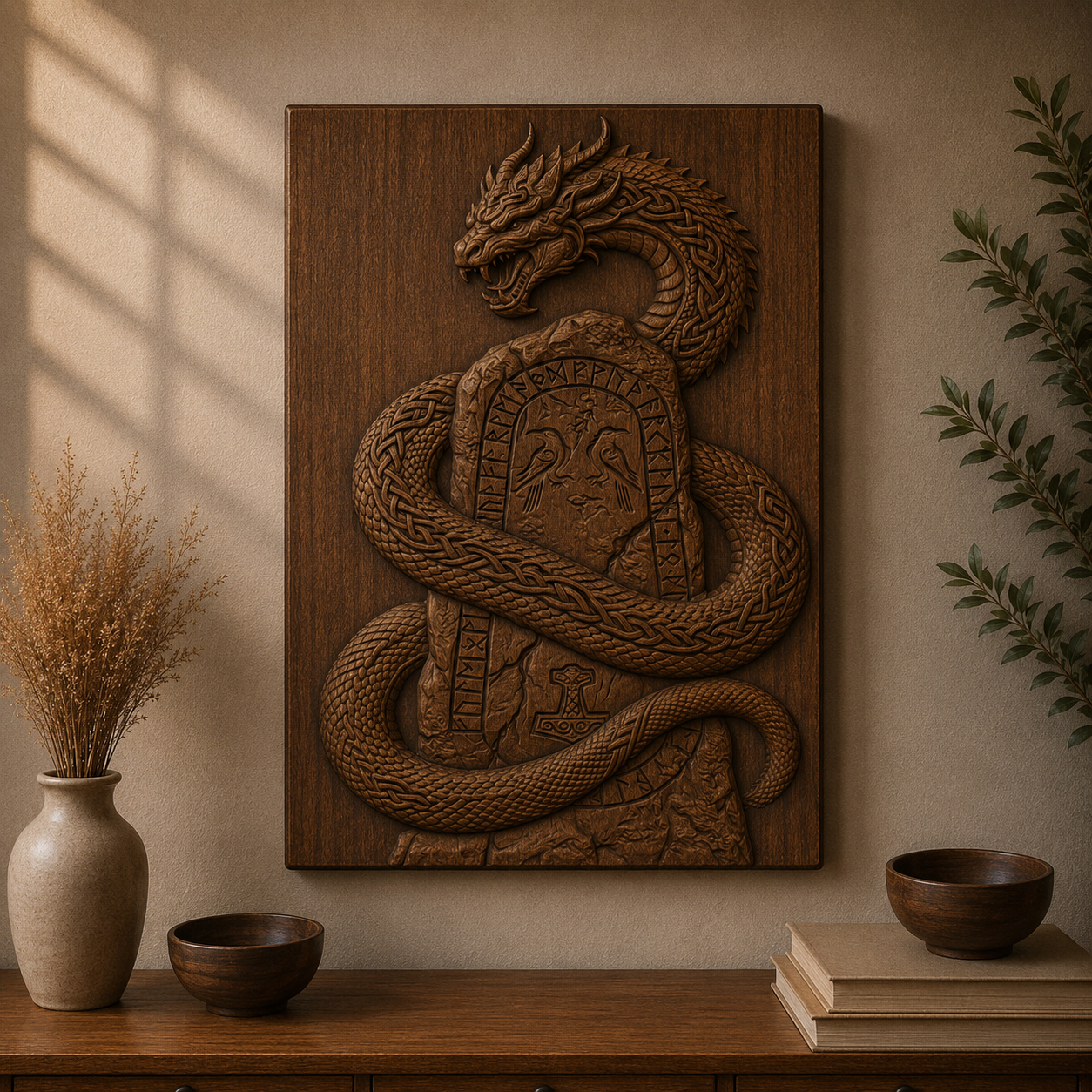 Norse Serpent Rune 3D Relief STL File, Viking Mythology CNC Carving Digital Download