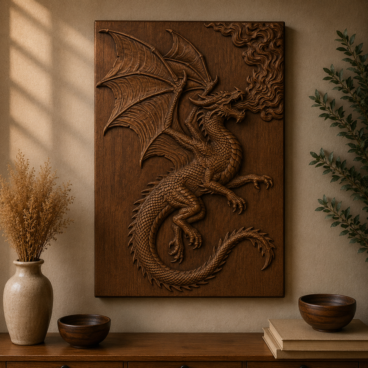 Fire Dragon Breathing Flames 3D Relief STL File, Fantasy CNC Carving Digital Download