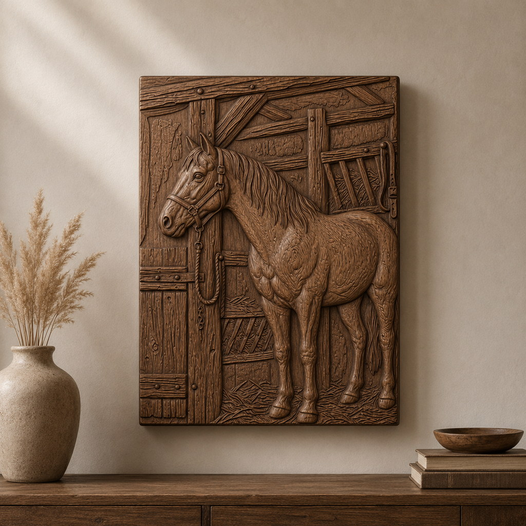 Stable Horse Ranch 3D Relief STL File, Western Farm Animal CNC Carving Digital Download