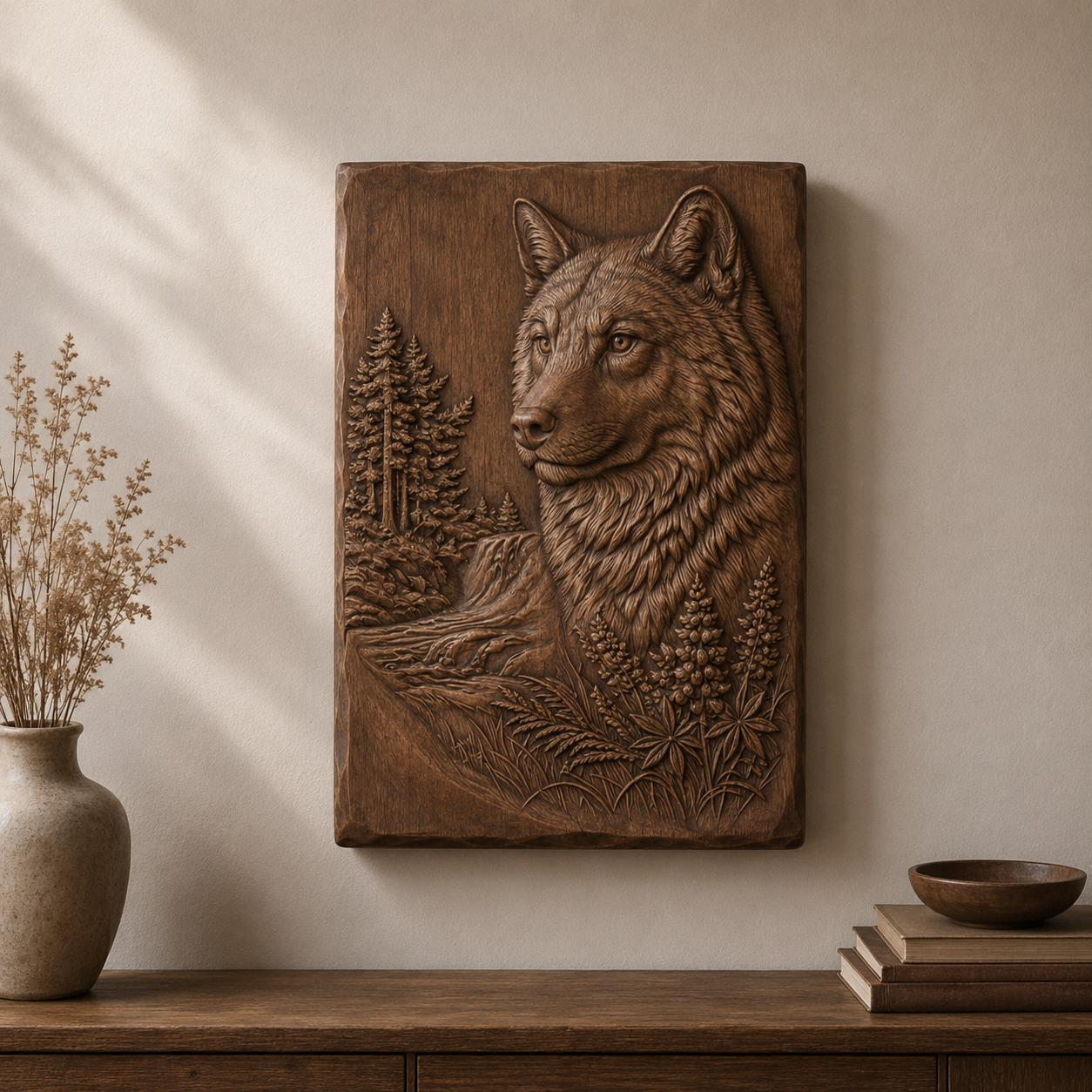 Wolf and Wildflowers 3D Relief STL File, Pine Forest River CNC Carving Model, Forest Floral Wall Art Panel, Rustic Nature Decor, Router Engraving 3D Print Design, Digital Download