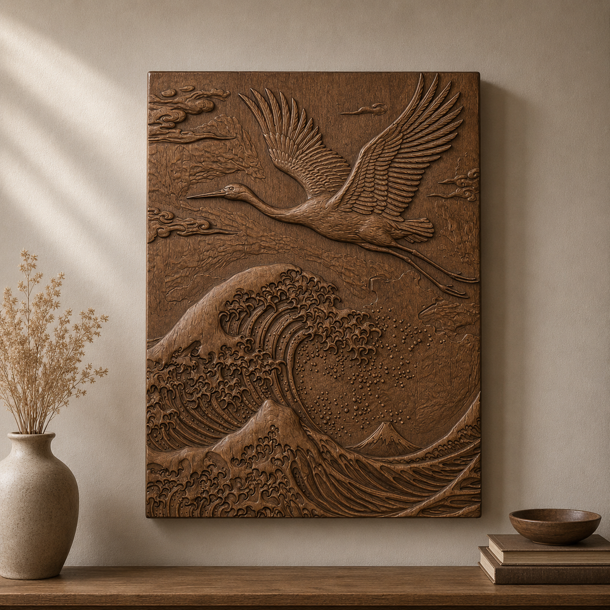 Japanese Great Wave Crane 3D Relief STL File, Asian CNC Carving Digital Download