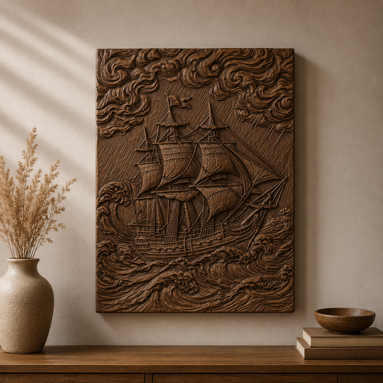 Pirate Ship Ocean Thunder Storm 3D Relief STL File, Nautical CNC Carving Digital Download