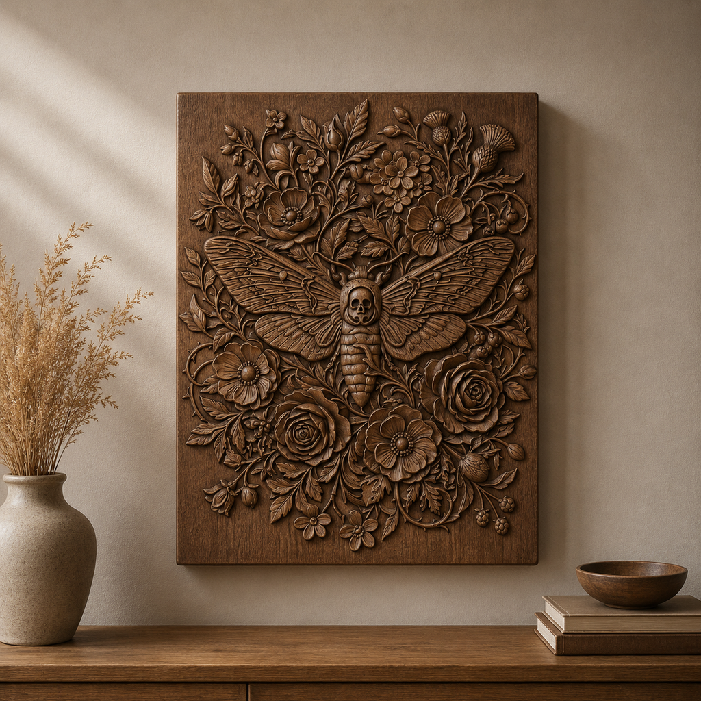 Death Moth Flowers 3D Relief STL File, Gothic CNC Carving Digital Download