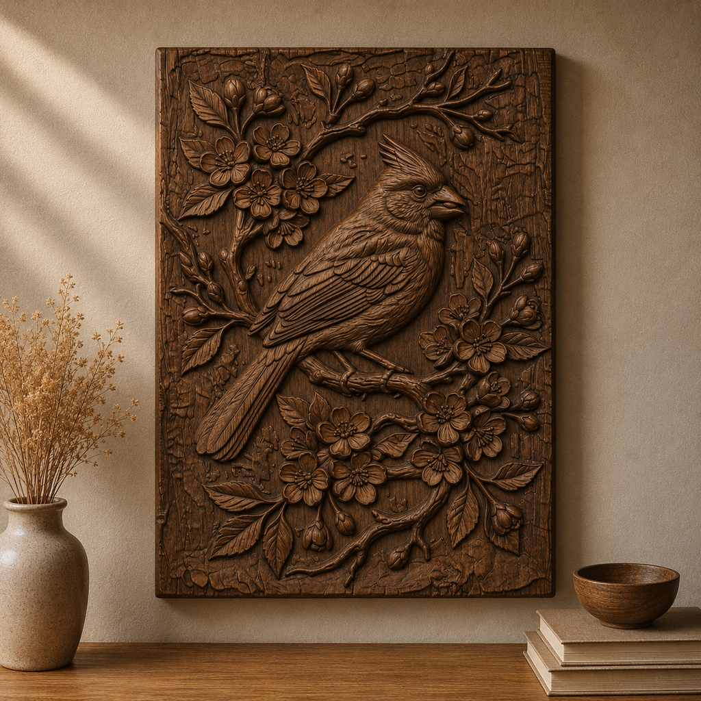 Cardinal Cherry Blossom 3D Relief STL File, Bird CNC Carving Digital Download