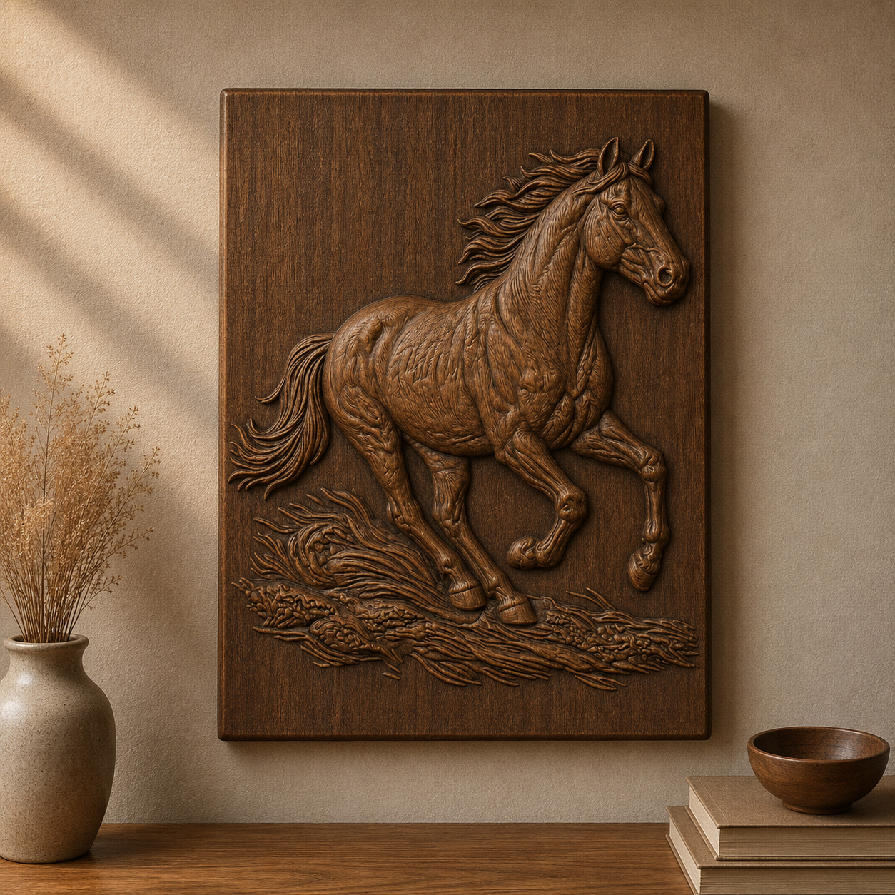 Horse Running 3D Relief STL File, Equestrian CNC Carving Digital Download