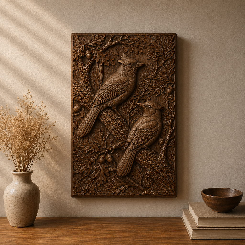 Two Blue Jay Birds 3D Relief STL File, Bluejay on Oak Branch CNC Carving Model, Bird Wall Art Panel, Nature Decor, Router Engraving 3D Print Digital Download